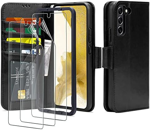 Arae Предназначен за Samsung Galaxy S22 Plus 5G Чанта-портфейл от изкуствена кожа 6,55 инча, с 3 пакети защитно фолио за екрана [Soft ПИЙТ Film], пълно покритие, защита от драскотини
