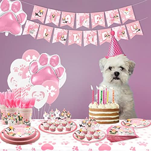 Украса за парти с куче - Празнични аксесоари с Отпечатъци от кучешки лапи за Рожден Ден за момиче, Розови Плочи за Кученца,