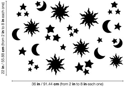 Комплект от 21 Винил стикери за стена - Слънцето, Луната и Звездите - 22 x 36 (2 x 8 всяка) - Модерни, Красиви Етикети,