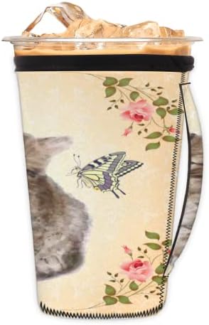 Сладък Котка Пеперуда на Цвете за многократна употреба Кафе ръкав С лед с дръжка От Неопрен За Напитки, кафе лате, Чай, Напитки, Бира (18-32 унция)