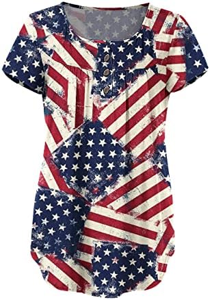 Сладки летни блузи, дамски модни риза с принтом в чест на Деня на независимостта, V-образно деколте, копчета и къс ръкав, памук, дълъг ръкав, тренировка