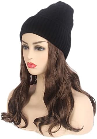 Перука SHZBCDN Женски дълга коса с качулка, черно вязаная шапка, перука, дълга кудрявая кафява шапка-перука, една
