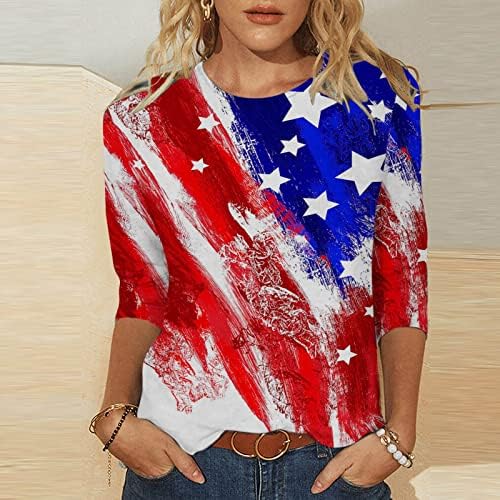 Риза за Почивка за дами, Есента-Лято, през Цялата Деколте с 3/4 ръкав, Американското Знаме, Звездите, Графични Потници,