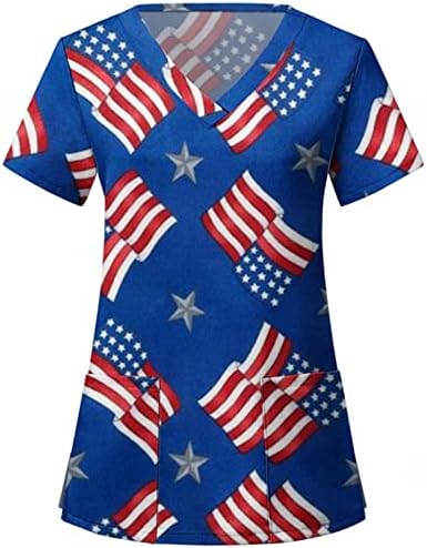 Дамска Блуза на 4 юли с Флага на САЩ, Летни Тениски с Къс ръкав и V-образно деколте, 2 Джоба, Блуза, Топ, Празнична Ежедневни