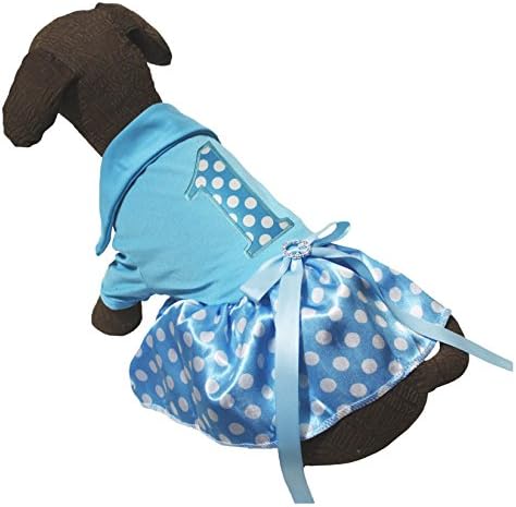 Облекло за Кутрета, Рокля за кучета от 1-ви Рожден Ден, Светло Синя Тениска, Бяла Поличка на Точки (Среден размер)