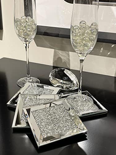 Стъклени Поставки за напитки, Комплект от 4 парчета, Декорация във формата на диаманти, Сребърен Кристален Поставка, Mirror, Елегантен, Изключителен, Невероятен, за дом