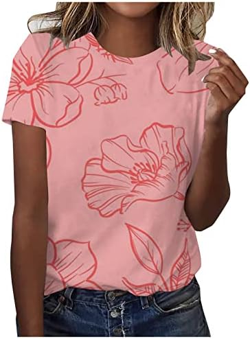 Дамски блузи за Пролет и лято 2023, Ежедневни Тениска с кръгло деколте и Цветисти принтом, Блузи с Къс ръкав