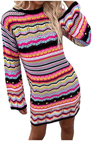 Дамски Модни Пуловери 2022, Пуловер с Пуловером в Розово Ивица, Вязаное Рокля с кръгло деколте и дълги ръкави