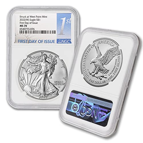 2022 (W) 1 унция American Silver Eagle MS-70 (Първия ден на издаване - отчеканен на монетния двор на Уест-Пойнта) за