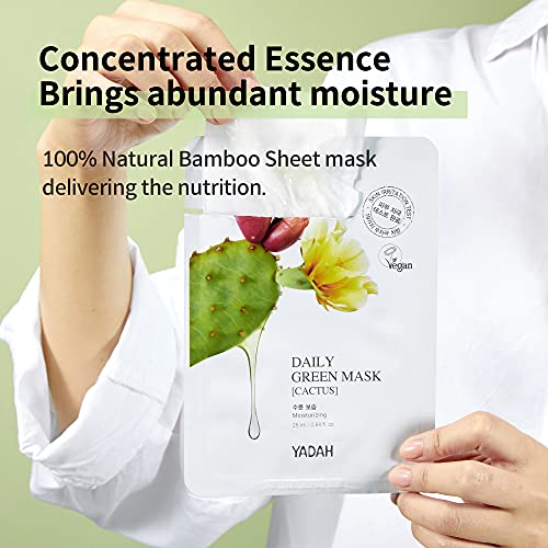 YADAH Daily Green Лицето Sheet Mask, Кактус, опаковка от 5 броя – Вегетариански Екологично чист Бамбук лист за овлажняване на кожата