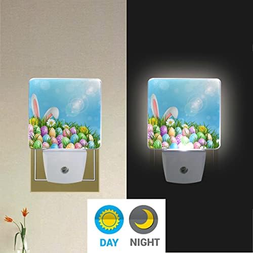 Великденски Разноцветни Яйца, нощна светлина със Заек, Комплект от 2 Ночников, Plug Led нощна светлина, Автоматичен Сензор