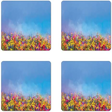 Комплект от 4 Цветни каботажните Ambesonne, Абстрактни Пролетта Маргаритки, Цветни Композиции от Полски Цветя, Квадратни