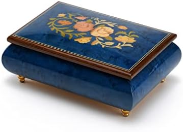 Прекрасна музикална ковчег с дървена инкрустация на 30 бележки от тъмно синьо в цветна тема на много песни по избор