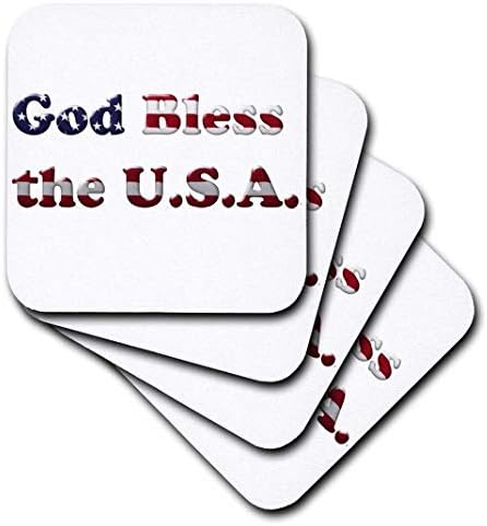 3dRose cst_192455_1 Текстов рисунка с образа на американския флаг бог да благослови САЩ-Меки подложки, комплект от 4