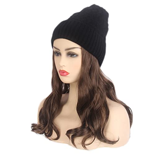 KLKKK Перука женски дълга коса с качулка, черно вязаная шапка, перука, дълга кудрявая кафява шапка-перука