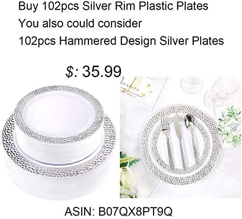 Сребърни Пластмасови чинии WDF 102 бр. - Коледни чинии за Еднократна употреба Пластмасови чинии сребро ръб - включват