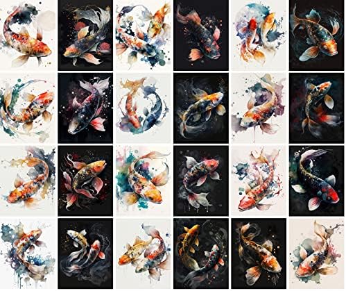 Реколта картички PIXILUV (24 бр по 4 x6 всяка Риба Япония Акварел Стари пощенски Картички Книгата Илюстрации Преиздаване