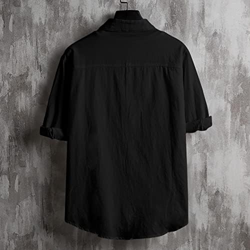 ZHISHILIUMAN Памук, Ленени Ризи за Мъже, Ежедневни Риза с Копчета и Къс Ръкав, Обикновена Тениска Свободно Намаляване