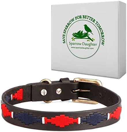 Кожен нашийник за кучета Sparrow Daughter Polo | каишка с регулируема катарама за всички породи | Синьо с червено, XL